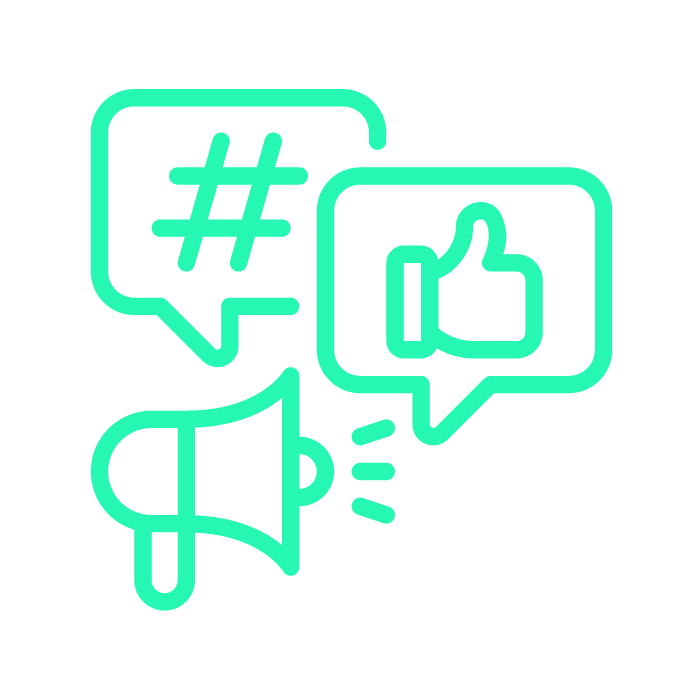 Megafooni, hashtag merkki ja peukku ylöspäin, some-mainontaa kuvaava kuvituskuva.