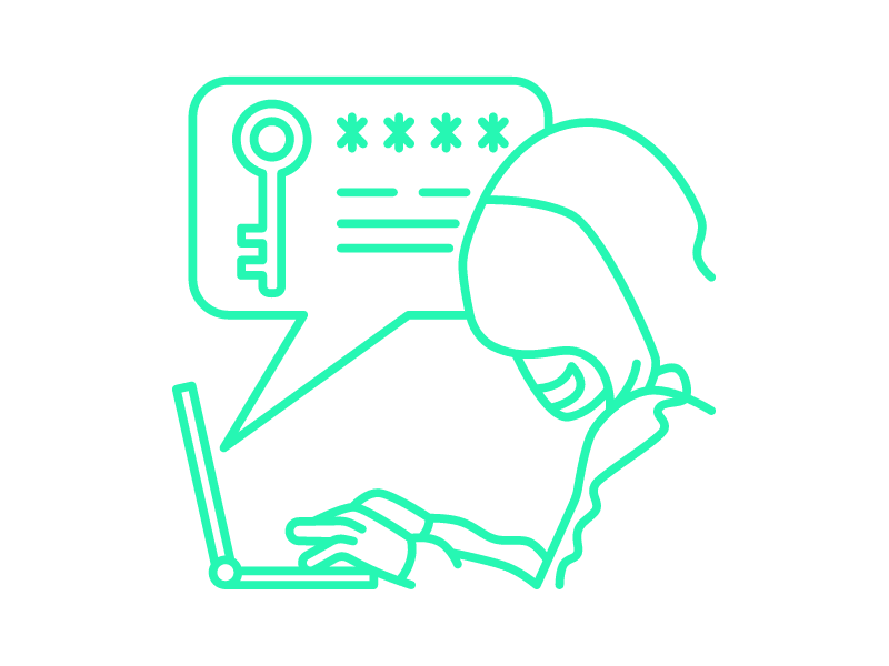 Hakkeri yrittää selvittää salasanaa, tietoturvan kuvituskuva.