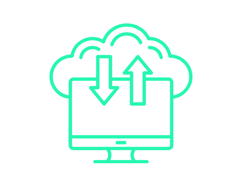 Tietokone keskustelee pilviverkon kanssa, varmuuskopionti kuvituskuva.