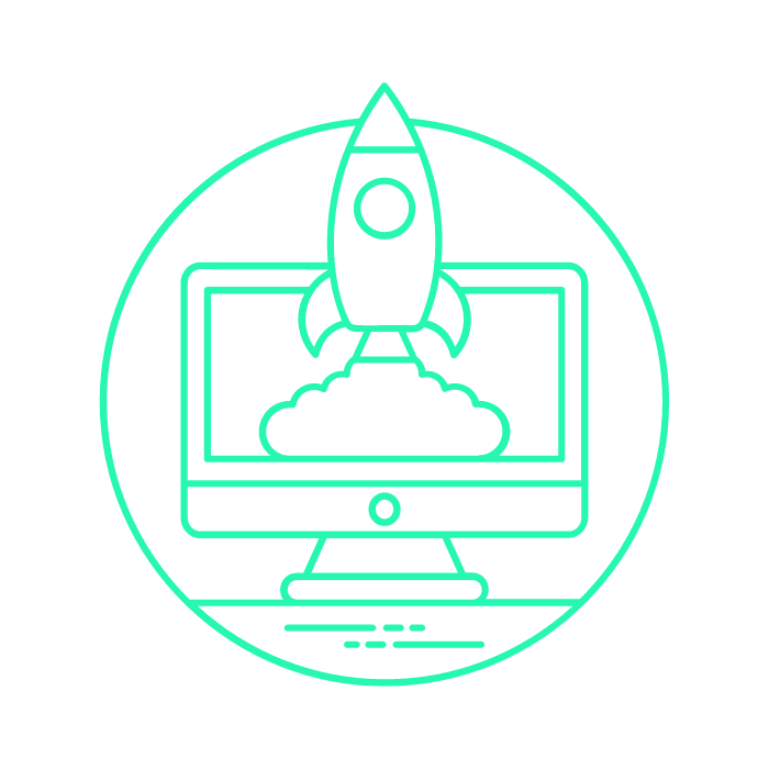 Tietokoneen näyttö, josta raketti lähtee lentoon, verkkosivuston nopeusoptimointi kuvituskuva.