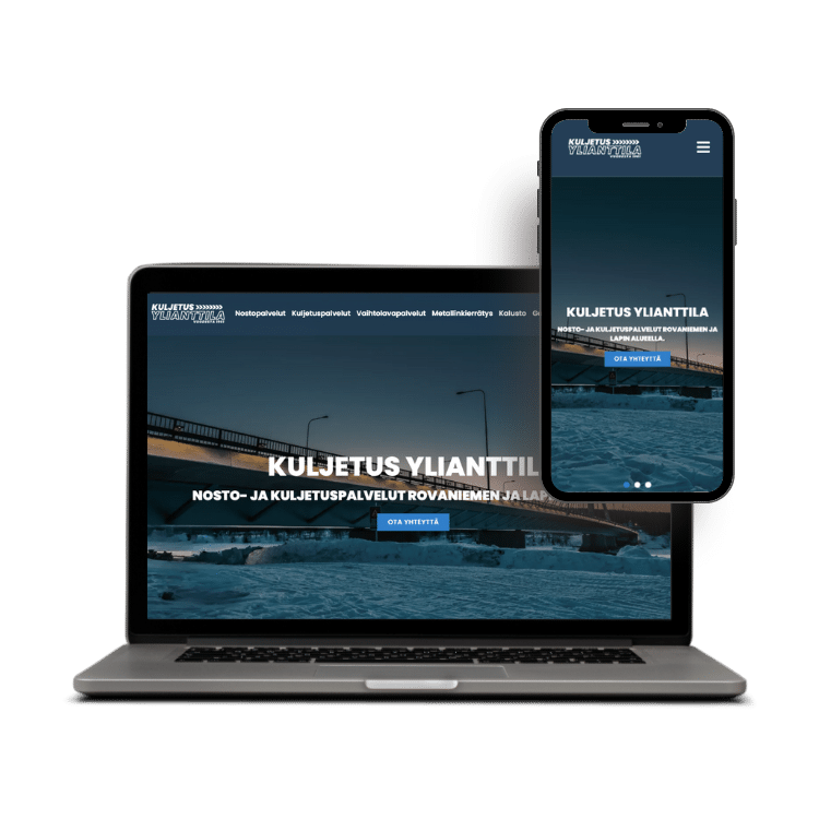 Kannettava tietokone ja puhelimen näyttö, joissa referenssi kuva kuljetus ylianttilan verkkosivuista.