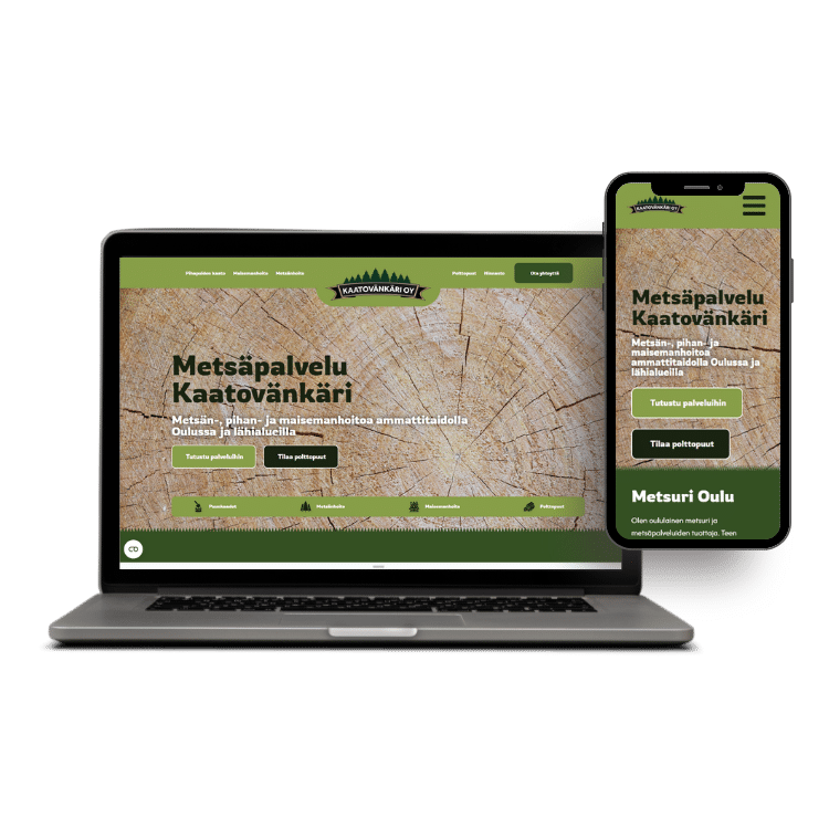 Kaatovänkäri verkkosivujen esittelykuva kannettavan tietokoneen ja puhelimen näytöillä