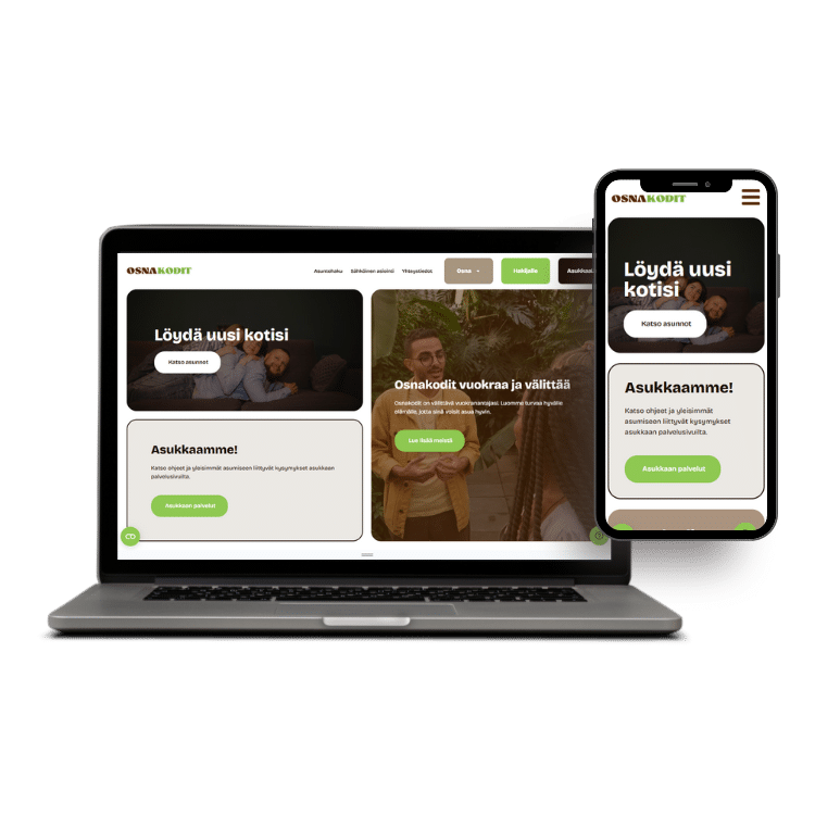 Osnakodit verkkosivujen esittelykuva kannettavan tietokoneen ja puhelimen näytöllä